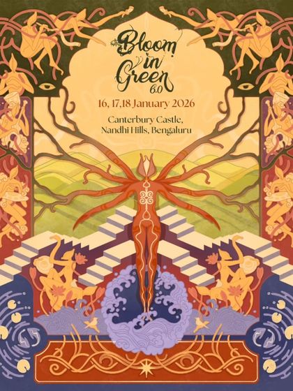 The poster for Bloom in Green 6.0, a multi-day arts and music festival near Nandi Hills. We specialize in creating immersive, retreat-style festival experiences in unique locations.