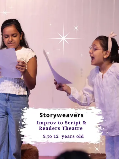 Two young actors in a heated moment during a reader's theatre performance in our "Storyweavers: Improv to Script" program for ages 9 to 12.
