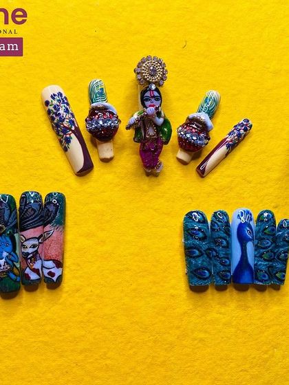 An overview of the various Krishna Janmashtami themed nail art sets created by my students.