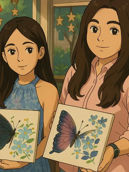 The AI Ghibli trend turned this photo of two participants with their texture art into a beautiful anime illustration. It highlights the delicate butterfly designs and the pride in their finished work in a completely new way.