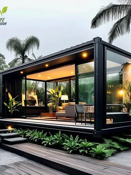 This stunning glass-walled container home is seamlessly integrated with its green surroundings. We used layered planting and wooden decking to blur the lines between indoors and outdoors.