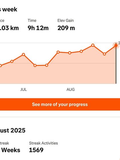 This weekly progress chart shows over 100 km of running in a single week, part of a 100-week streak. I use this data to monitor training load and ensure consistency, which is the foundation of my marathon coaching philosophy.