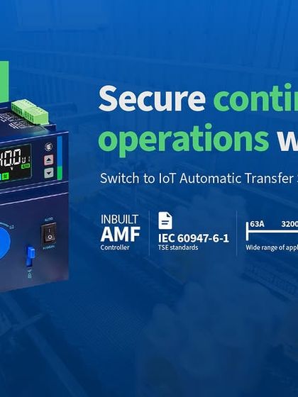 This banner showcases our IoT-enabled Automatic Transfer Switch, designed to secure continuous operations. It highlights the key technical specifications, including the inbuilt AMF controller and wide application range.