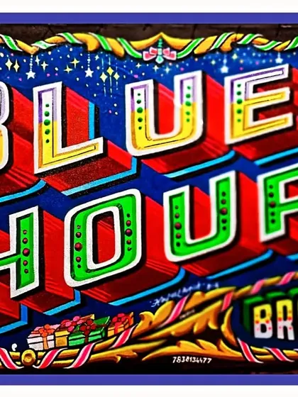 The final "Blue Hour Brooklyn" sign, rich with starry night details, floral borders, and vibrant 3D lettering.