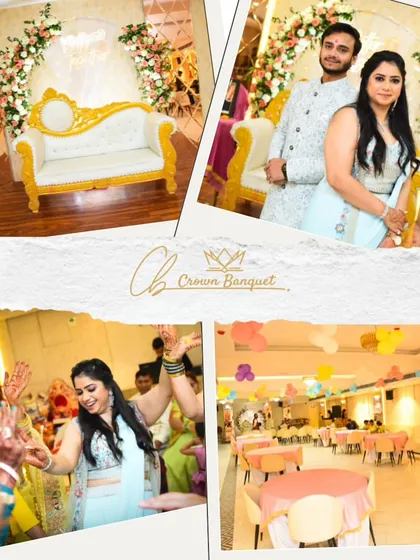 This collage showcases the joy and energy of an engagement party at our hall. It highlights everything from the couple's portraits on our decorated stage to candid moments of guests dancing, giving a full picture of the celebration.