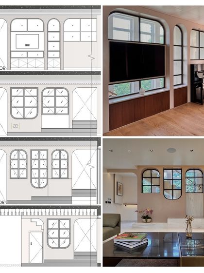 A comparative graphic showing the architectural drawings and the final built spaces in the Palm Springs villa. This illustrates how the arched window motif was adapted for different functions on each floor.