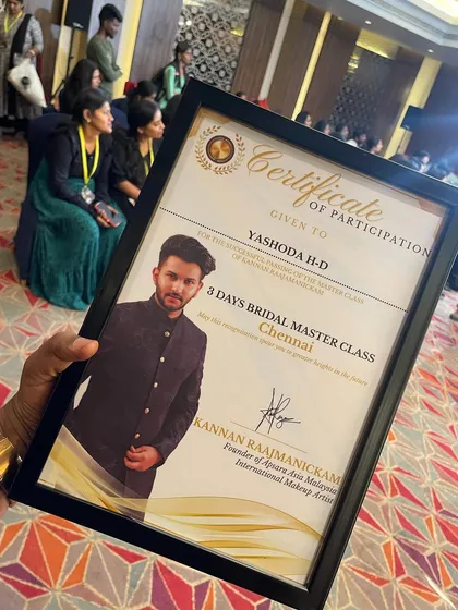 I believe in constantly upgrading my skills. This is my certificate of participation from a 3-day bridal masterclass with renowned international makeup artist Kannan Raajamanickam.