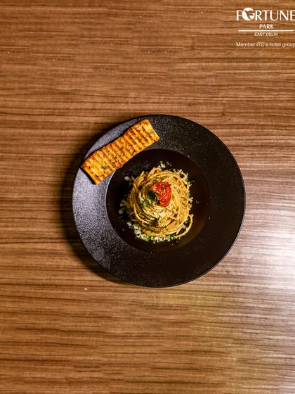 A top-down view of our spaghetti dish, showcasing the simple elegance of a well-made Italian classic.