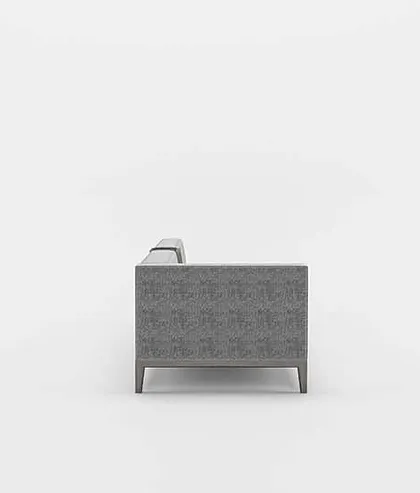 The clean, minimalist side profile of our modern grey sofa, highlighting its sharp tailoring and sturdy wooden legs.