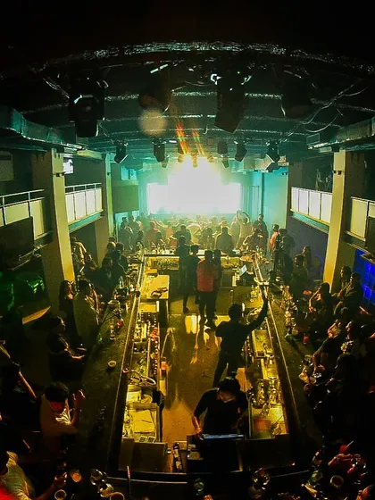 A wide-angle shot capturing the scale of the party at Tantra, Kolkata.