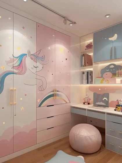 For your child's room, I combine fun with function. This unicorn-themed design features a full-wall wardrobe with custom graphics, integrated seamlessly with a study desk, overhead cabinets, and open shelving. It's a complete, space-saving solution.