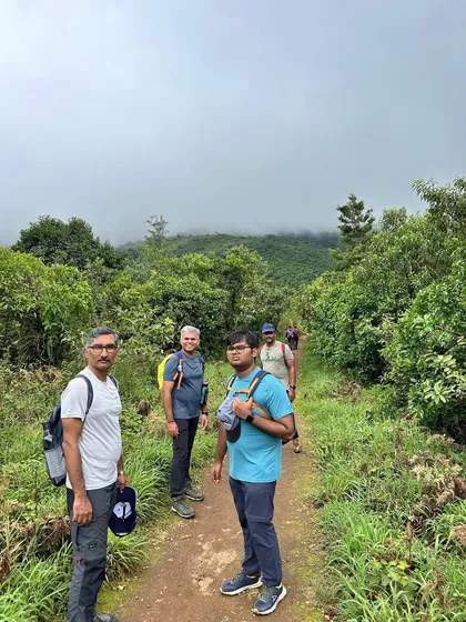 On the trail to Thadiyandamol, walking through the lush green paths of the Western Ghats.