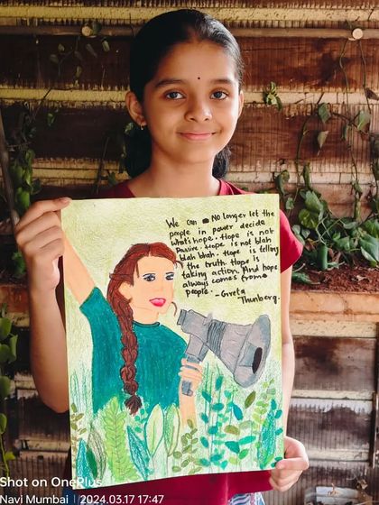 Pranvi from 5th standard drew this portrait inspired by Greta Thunberg. This piece, made with oil pastels, shows how art can be used to convey powerful messages.