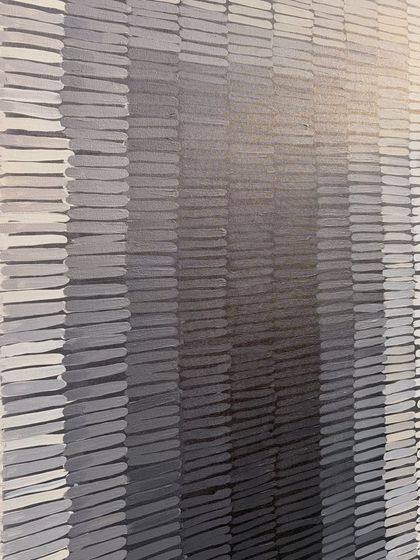 A detailed shot of the gradient effect. I painted thousands of small, textured lines, gradually shifting the color from light grey to deep charcoal to create this sense of depth.