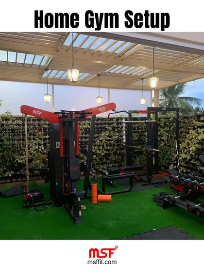 An example of a premium home gym setup on a covered terrace. We can turn any space into a functional workout area, complete with multi-gyms, racks, and free weights.