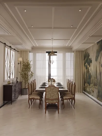 This formal dining room is defined by its grand scale and refined details. A coffered ceiling adds architectural depth, while a scenic wall mural provides a dramatic, artistic backdrop for gatherings, complemented by classic dining furniture.