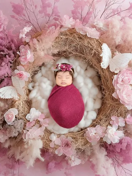 There is nothing as pure and peaceful as a sleeping newborn. For this newborn portrait, I created a delicate nest of pink flowers and soft textures to keep this little angel cozy and safe.