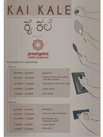 Here is a look at the detailed schedule for our two-day 'Kai Kale' workshop. Day one focuses on the theory and application of lime washes and plasters, while day two is dedicated to mud finishes, Dorodango, and a practical site visit.