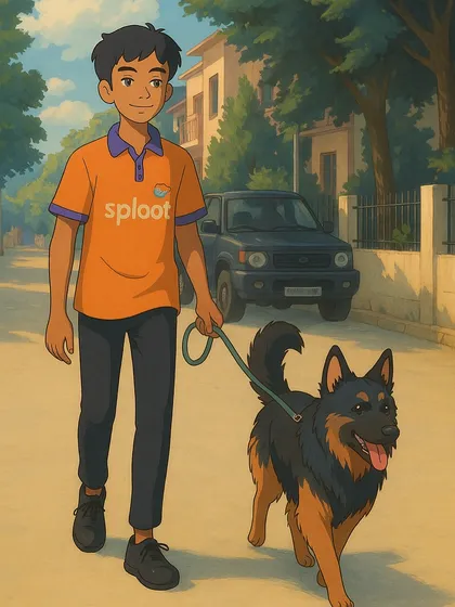 A Sploot walker and a German Shepherd, imagined in the beautiful Studio Ghibli art style.