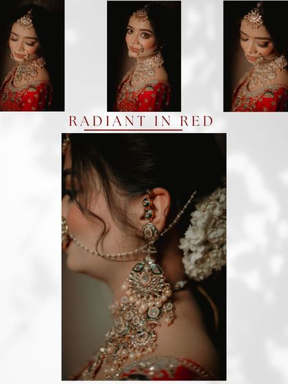 A collage focusing on the bride's jewelry and makeup, including close-ups of her necklace and earrings.