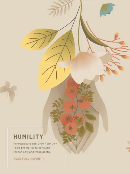 This illustration for 'Habitat' shows hands gently holding a harvest, symbolizing humility and responsible consumption. The paper-cut style adds a tactile, crafted feel to the digital artwork.