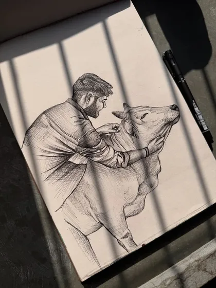 A pen and ink sketch of a man showing affection to a cow. I wanted to capture this simple, peaceful moment.