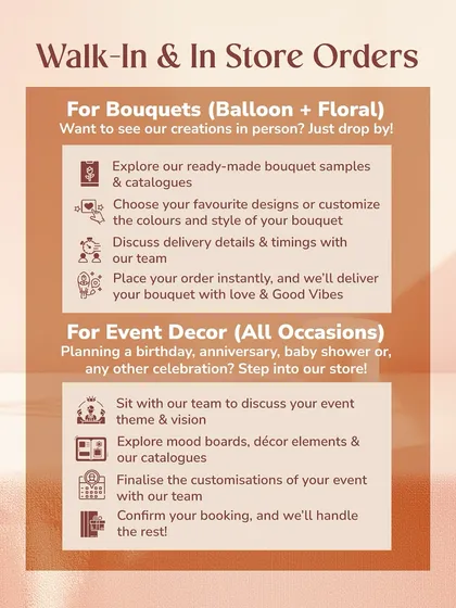 Prefer to see our creations in person? This guide explains our simple walk in process for both bouquets and event decor. Just drop by to explore samples, discuss your vision with our team, and place your order.