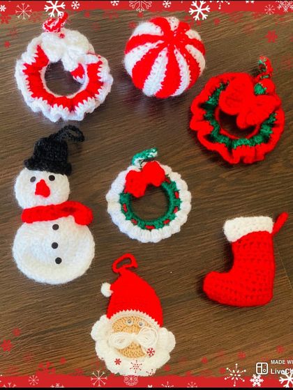 A collection of my most popular Christmas ornaments, including the Santa face, snowman, and mini wreaths.