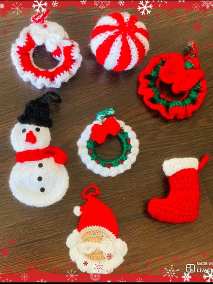 A collection of my most popular Christmas ornaments, including the Santa face, snowman, and mini wreaths.