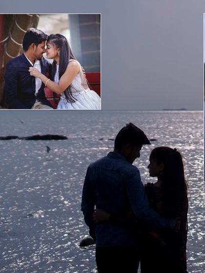 A collage featuring a silhouette of a couple against the water, combined with other intimate portraits. This demonstrates my use of creative lighting and composition.