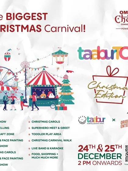 The Biggest Christmas Carnival at Omaxe Chowk, powered by me and Oriole Entertainment. This poster highlights the variety of shows and activities, from magic and puppets to live bands and superhero meet-and-greets.