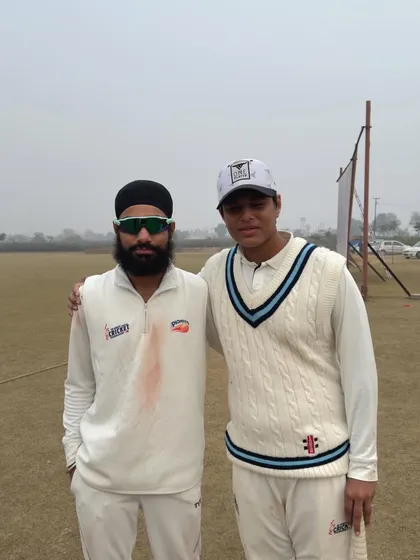The team captain, who took a five-wicket haul, with the young star batsman Rupank Aggarwal. This photo represents the blend of experienced leadership and emerging talent in our club teams.
