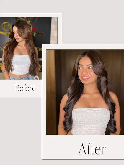From long hair to chic, styled locks. This before and after shows a beautiful haircut and styling that adds sophistication and frames the face perfectly.