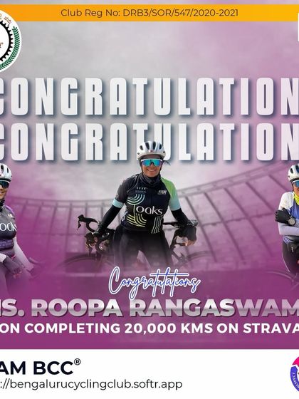 Congratulations to Roopa Rangaswamy on completing 20,000 kms on Strava. We are so proud of your achievement and dedication.