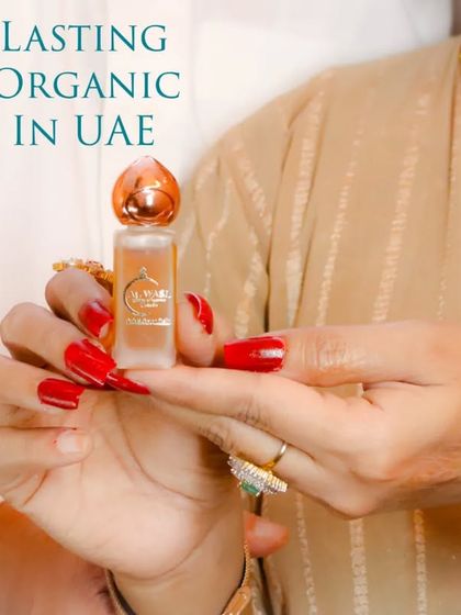 Highlighting the promise of "long-lasting attar, organic, made in UAE" with a close-up of the product.