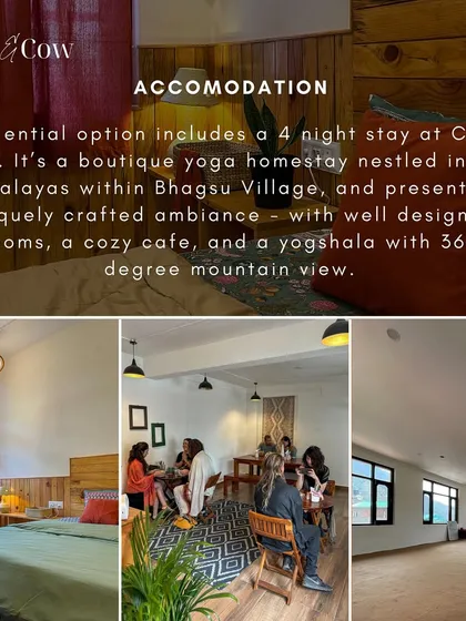 A glimpse into the cozy and beautifully crafted ambiance of our Dharamshala retreat accommodation. Our residential option includes a stay at a boutique homestay with well-designed rooms, a welcoming cafe for connection, and a yogshala offering 360-degree mountain views.