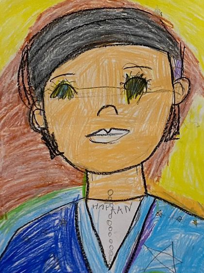 Another smashing portrait from our preschool group. We guide them to observe details like eyes, nose, and mouth and translate them onto paper.