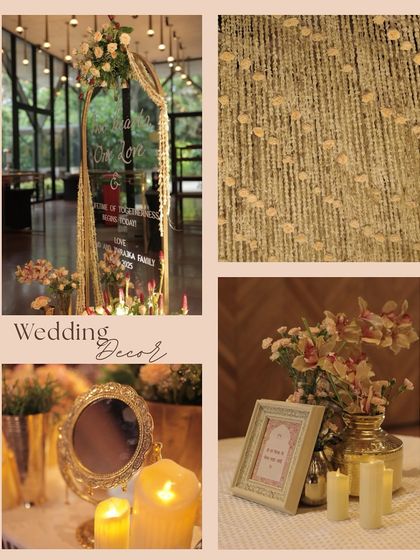 A collage of elegant wedding decor details, including a personalized acrylic welcome sign, a wall of floral strings, and candlelit table settings with vintage mirrors.
