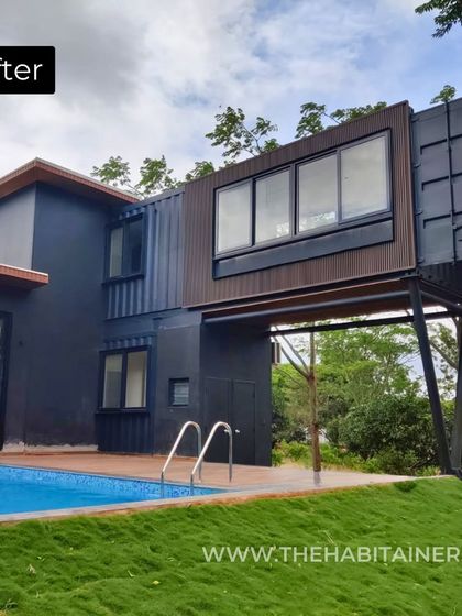 The "after" shot of the same villa, now a finished luxury home with a pool. This transformation highlights the journey from a construction site to a stunning architectural statement.