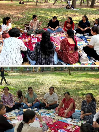 Participants gathered in a circle, listening intently during an instructional part of our outdoor art session. These meetups are not just about painting but also about sharing stories and building a creative community.