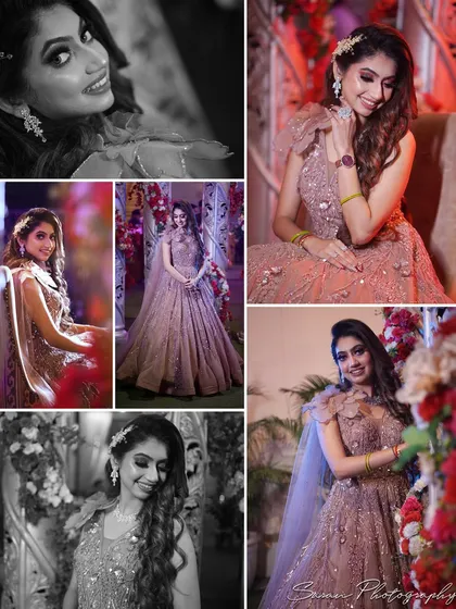 A multi-photo collage capturing various moods and poses of the bride during her engagement celebration.