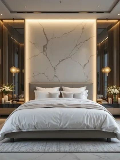 We aimed for pure elegance in this bedroom with a floor-to-ceiling marble accent wall. The integrated backlighting highlights the natural veins of the stone, creating a sophisticated focal point that feels both grand and serene.