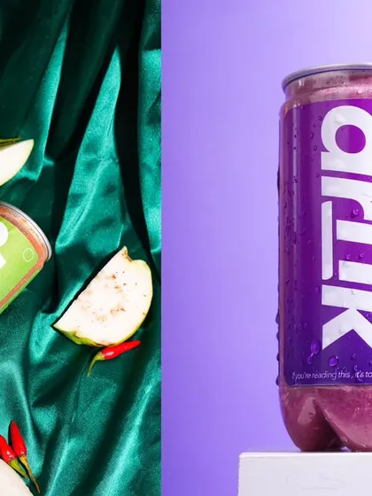 I used rich, textured fabrics and complementary colors to style these drinks. The deep green satin makes the guava chili drink look sophisticated, while the crisp purple background gives the acai drink a fresh, clean look.