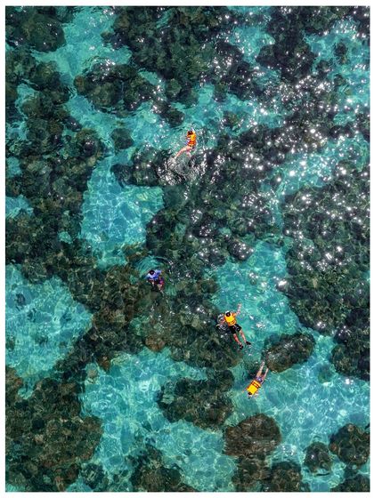 An aerial view of people snorkeling in the crystal clear turquoise waters of Thailand. It's like swimming in a natural aquarium.