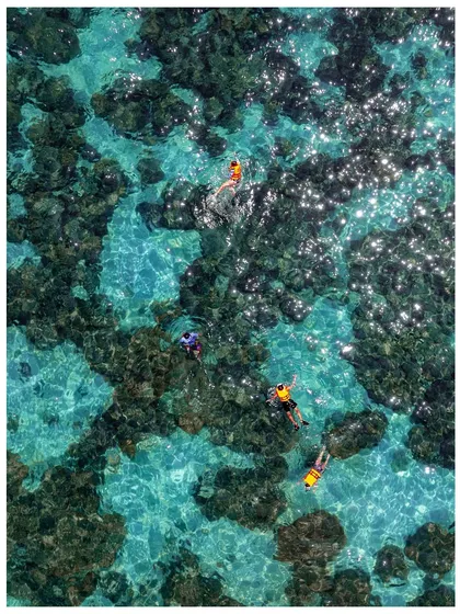An aerial shot of people snorkeling in the crystal-clear turquoise waters of Thailand, showcasing one of the top activities for any visitor.