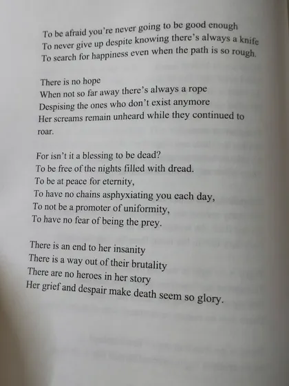 A page from the anthology, showing the raw and honest words of a published poet. This is a platform for authentic voices.