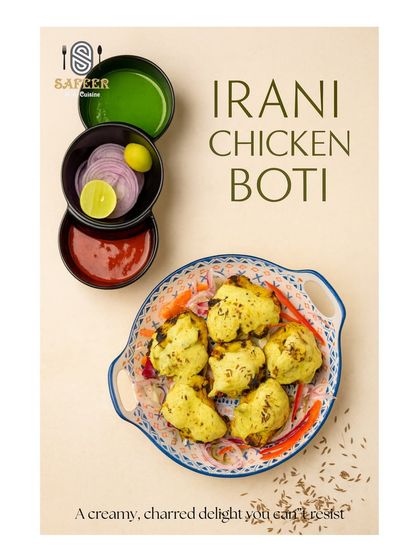 Our Irani Chicken Boti is marinated in a creamy, mild yellow marinade and grilled until charred. It's a simple yet flavourful dish, served with onion rings and chutneys.