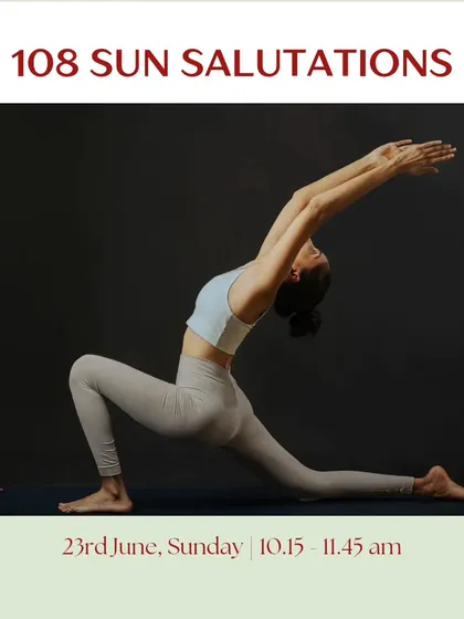 An announcement for my special workshops celebrating International Yoga Day. These sessions include unique practices like Blindfold Yoga, Stick Yoga, and the powerful challenge of completing 108 Sun Salutations.
