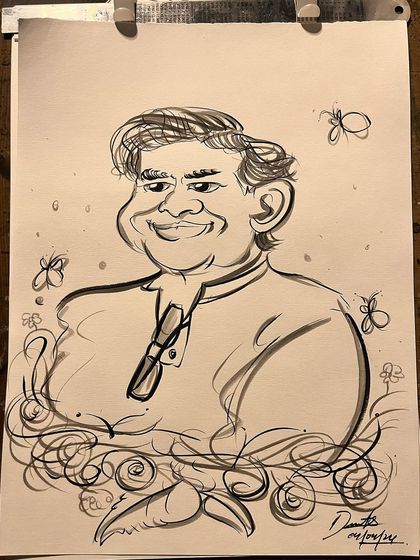 A classic solo bust portrait surrounded by decorative swirls and flowers, adding an artistic touch to the caricature.