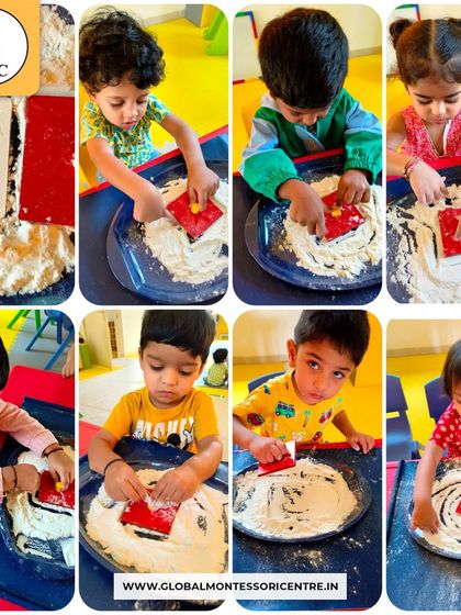 Using flour as a sensory medium, children practice drawing shapes. This tactile activity makes learning abstract concepts like geometry a fun and memorable experience.